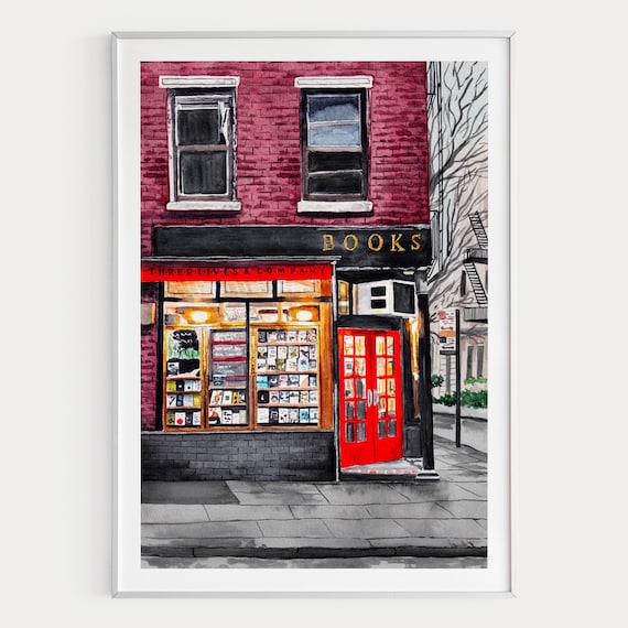 Bookstore Watercolor Print, New York Wall Art, Book Lover Gift, Bookworm Literary Decor