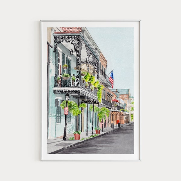 Impresión de Nueva Orleans, Arte de la pared de Luisiana, Pintura del Barrio Francés, Impresión de acuarela, Arte de los Estados Unidos, Paisaje urbano de Nueva Orleans, Regalo de viaje