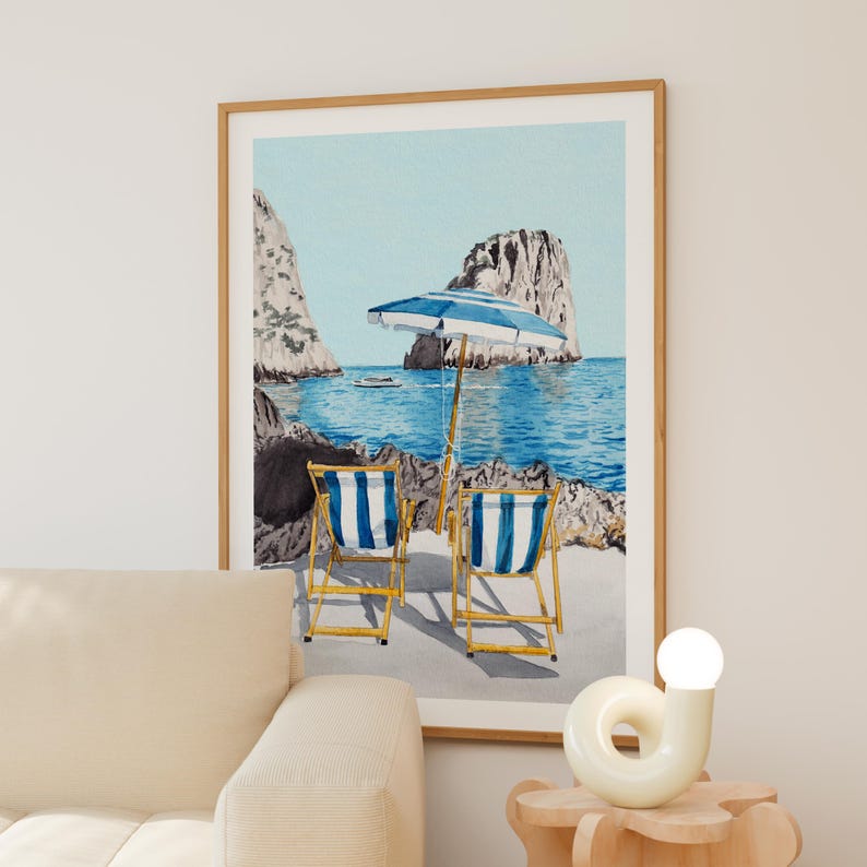 La Fontelina Strand Druck, Italien Wandkunst, Capri Aquarell Landschaft, Italienisches Küstendekor, Reisegeschenk Bild 4