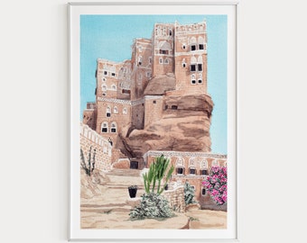 Yemen Print, Dar al-Hajar, Yemen Wall Art, Watercolor Print, Middle East Print, Yemen Art, Yemen Painting, Yemen Art Print, Travel Gift