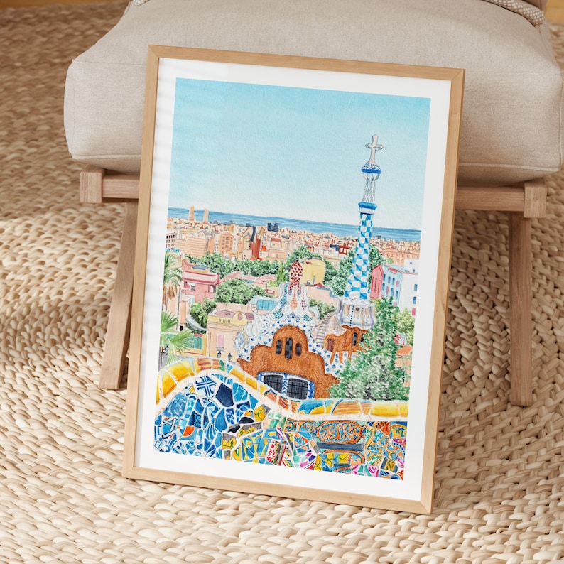 Aquarel Park Güell, kunst aan de muur Barcelona, decor Spanje, schilderij stadsgezicht Barcelona afbeelding 4
