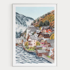 Hallstatt Watercolor Print, Austria Wall Art, Alpine Landscape Art, Austrian Alps Decor