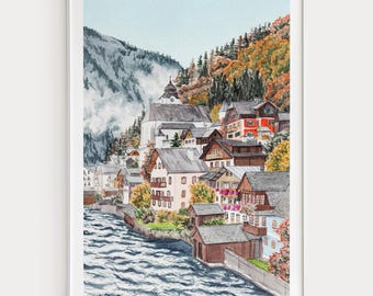 Hallstatt Watercolor Print, Austria Wall Art, Alpine Landscape Art, Austrian Alps Decor