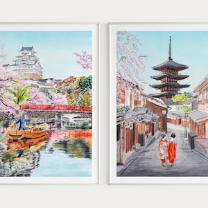 Japan Set of 2, Japan Wall Art, Japan Print, Kyoto Art, Himeji Castle, Watercolor Print, Printable Art, Japanese Art, Travel Gift