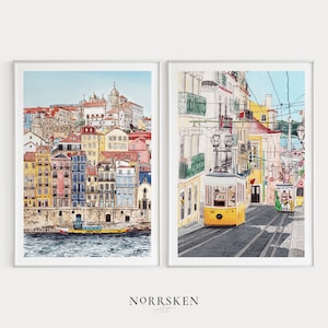 Conjunto de 2 pinturas de acuarela de Portugal, impresión de Lisboa, arte de Oporto, impresión artística de Portugal, arte mural de Portugal, impresión de Europa, arte de viaje, regalo de inauguración de la casa