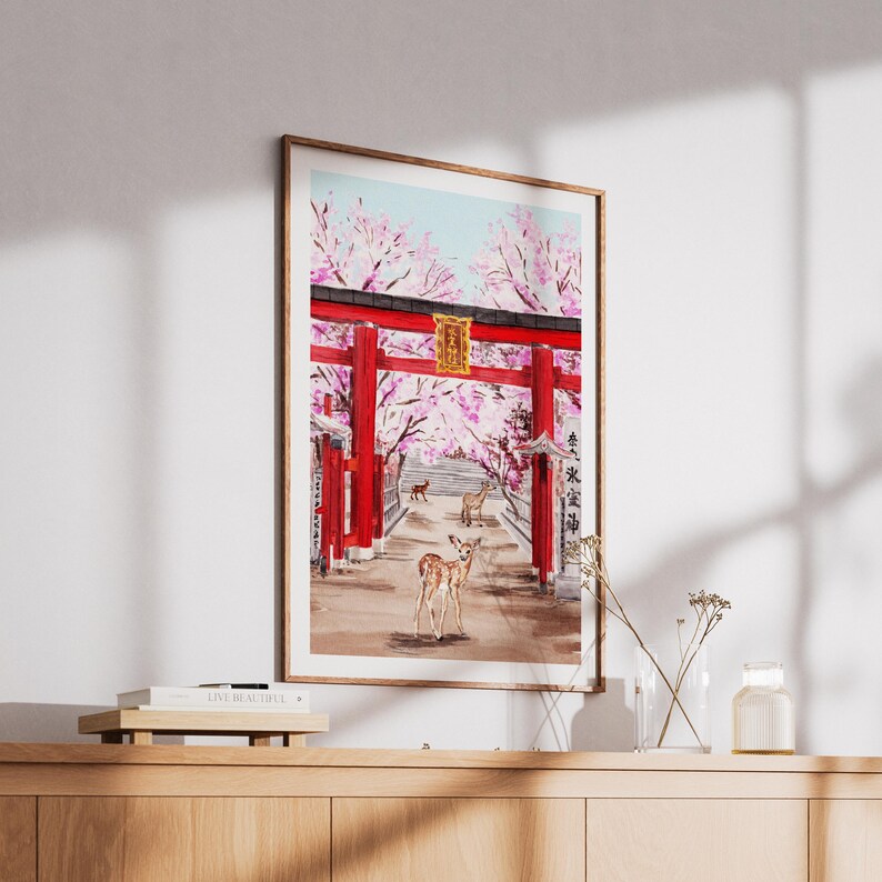 Impresión de acuarela de Nara, Japón, arte mural de primavera, pintura del paisaje urbano de Nara, paisaje de sakura, decoración japonesa imagen 3