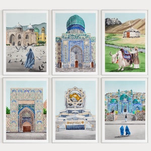 Central Asia Set of 6 Watercolor Prints, Kazakh, Afghan, Turkmen, Tajik, Kyrgyz, Uzbek, Asian Decor, Central Asia Wall Art, Travel Gift