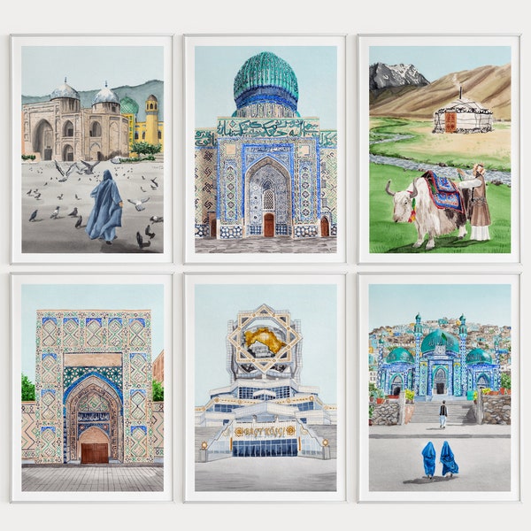 Set von 6 Aquarelldrucken, Kasachstan, Afghanen, Turkmenen, Tadschiken, Kirgisisch, Uzbek, asiatisches Dekor, Wandkunst aus Zentral Asien, Reisegeschenk
