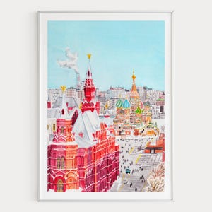 Moscow Watercolor Print, Russia Wall Art, St. Basil Cathedral, Moscow Skyline Painting, Russian Winter Decor, Digital Download | NorrskenArt