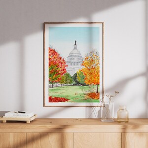 Washington DC Watercolor Print, US Capitol Wall Art, Washington DC Autumn Cityscape, Travel Gift image 8