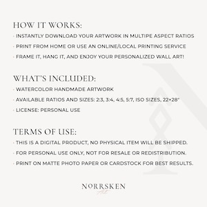 Pode incluir: Fundo branco com texto preto detalhando como baixar e imprimir obras de arte. O texto inclui "COMO FUNCIONA", "O QUE EST&Aacute; INCLU&Iacute;DO" e "TERMOS DE USO". A obra de arte est&aacute; dispon&iacute;vel em v&aacute;rias propor&ccedil;&otilde;es e tamanhos, incluindo 56x71 cm.