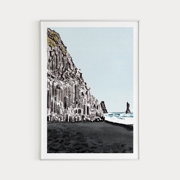 Iceland Print, Watercolor Painting, Iceland Wall Art, Black Sand Beach, Icelandic Art, Iceland Landscape, Europe Print, Travel Gift