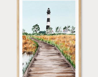 Stampa acquerello di Outer Banks, arte murale nautica della Carolina del Nord, arredamento rustico, regalo da viaggio, NorrskenArt