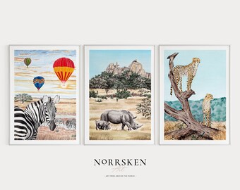 Safari Animals Watercolor Prints, Set of 3 Animal Prints, African Savanna Landscape, Cheetah Print, Zebra Art, Travel Gift