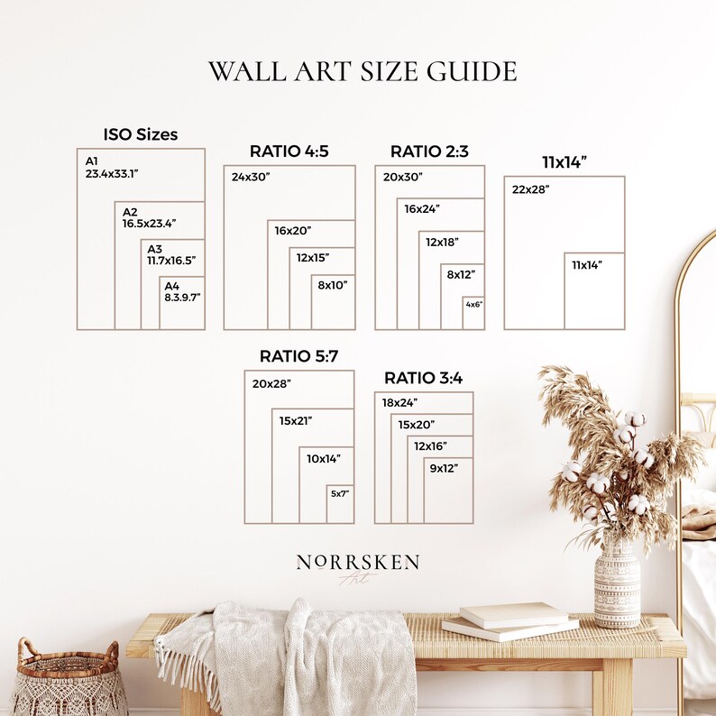 May include: A wall art size guide with various aspect ratios and ISO sizes. The guide includes dimensions in inches for different print sizes, such as 24x30 inches, 16x20 inches, and 11x14 inches. The guide is labeled "WALL ART SIZE GUIDE".