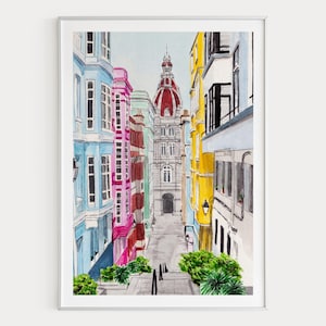 Impresión de acuarela de La Coruña, Arte de la pared de España, Pintura del paisaje urbano de La Coruña, Decoración de España Galicia