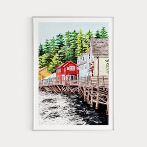 Ketchikan print, Alaska muurkunst, aquarel print, Alaska Art Print, Ketchikan landschap, Alaska schilderij, Verenigde Staten print, reiscadeau