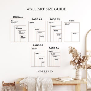 May include: A wall art size guide displaying dimensions in inches and centimetres. It shows ISO sizes, Ratio 4:5, Ratio 2:3, Ratio 5:7, and Ratio 3:4, with measurements like 61x76cm, 51x76cm, and 41x51cm. A decorative vase and bench are also visible.
