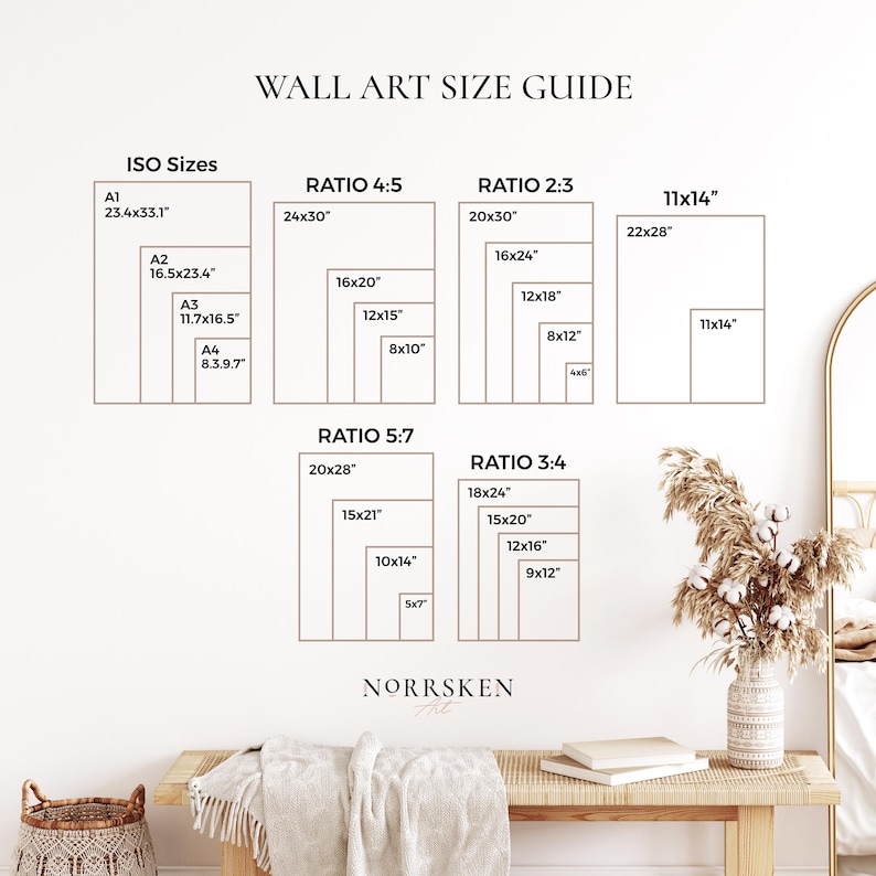 May include: A wall art size guide displaying dimensions in inches and centimetres. It shows ISO sizes, Ratio 4:5, Ratio 2:3, Ratio 5:7, and Ratio 3:4, with measurements like 61x76cm, 51x76cm, and 41x51cm. A decorative vase and bench are also visible.