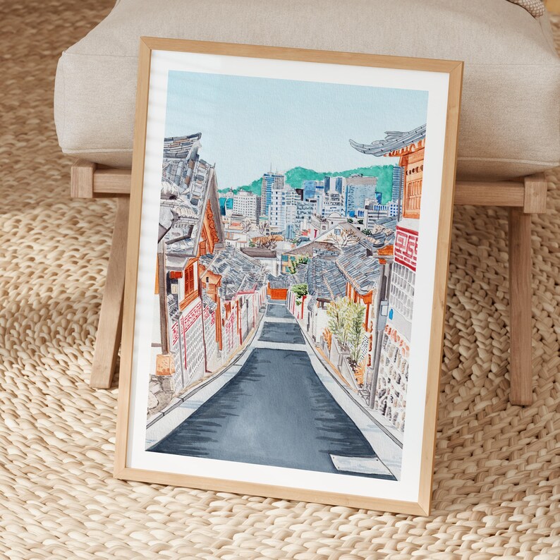 Akwarela Bukchon Hanok, sztuka ścienna z Korei Południowej, pejzaż miejski w Seulu, wystrój z Korei Południowej zdjęcie 4