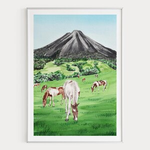 Impresión de acuarela de Costa Rica, pintura paisajística del Parque Nacional Volcán Arenal, arte mural de Costa Rica
