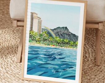 ワイキキビーチの水彩画、ハワイのウォールアート、ホノルルの海岸の