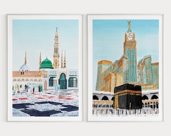 Mecca and Medina Watercolor Prints Set: Islamic Wall Art, Saudi Arabia Holy Cities Paintings, Digital Download