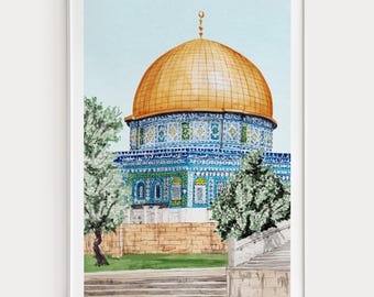 Impression aquarelle de la mosquée Al Aqsa, art mural de Jérusalem, peinture de paysage urbain de Jérusalem, décoration du Moyen-Orient