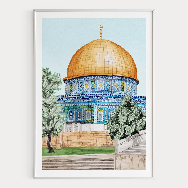 Al Aqsa Mosque Watercolor Print, Jerusalem Wall Art, Jerusalem Cityscape Painting, Middle East Decor image 1