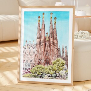 Impresión en acuarela de la Sagrada Familia, arte mural de Barcelona, decoración de España, pintura del paisaje urbano de Barcelona imagen 2
