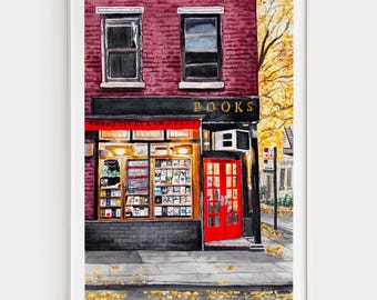New York Bookstore Watercolor Print, New York Autumn Wall Art, NYC Painting, Bookworm Decor