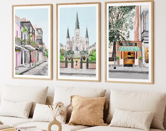 Juego de 3 impresiones en acuarela de Nueva Orleans: Arte mural del Barrio Francés, decoración de Luisiana, pintura del paisaje urbano de Nueva Orleans, NorrskenArt