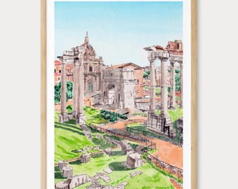 Roman Forum Print, Italy Wall Art, Rome Watercolor Landscape, Italian Decor, Travel Gift