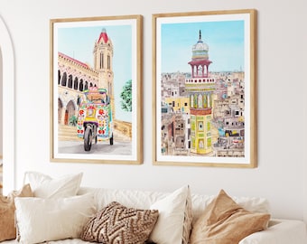 Pakistan Watercolor Prints Set of 2, Karachi & Lahore Cityscape Paintings, Pakistani Home Decor, Travel Gift