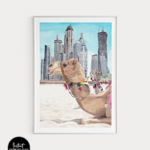 Dubai Art Print, UAE Print, Dubai Cityscape, Jumeirah Beach, Dubai Wall Art, Camel Art Print, Dubai Painting, Dubai Marina, Dubai Print