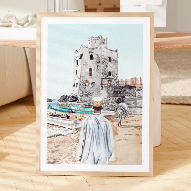 Mogadishu Watercolor Print, Somalia Wall Art, Mogadishu Cityscape Painting, Somali Coastal Decor image 2