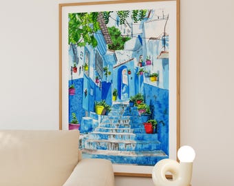 シェフシャウエンの水彩画、モロッコの壁画、シェフシャウエンの街並み