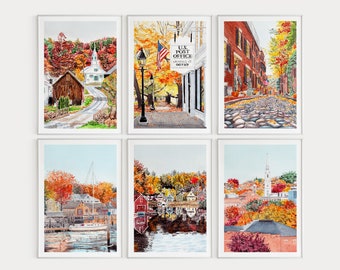 US New England Set of 6 Watercolor Prints, Fall Wall Art, New England Painting, USA Print, Travel Art, New England Art, Fall Cityscapes