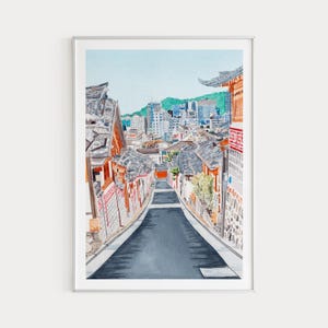 Bukchon Hanok Print, South Korea Wall Art, Watercolor Print, Bukchon Hanok Cityscape, Asian Art, South Korea Wall Decor, Travel Gift