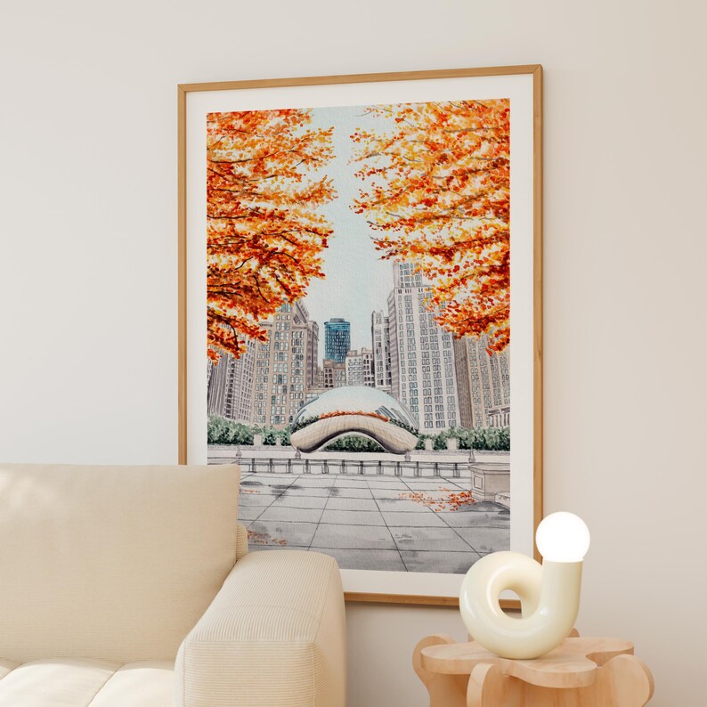 Cloud Gate Watercolor Print, Chicago Wall Art, Chicago Cityscape Painting, Illinois Fall Decor image 3