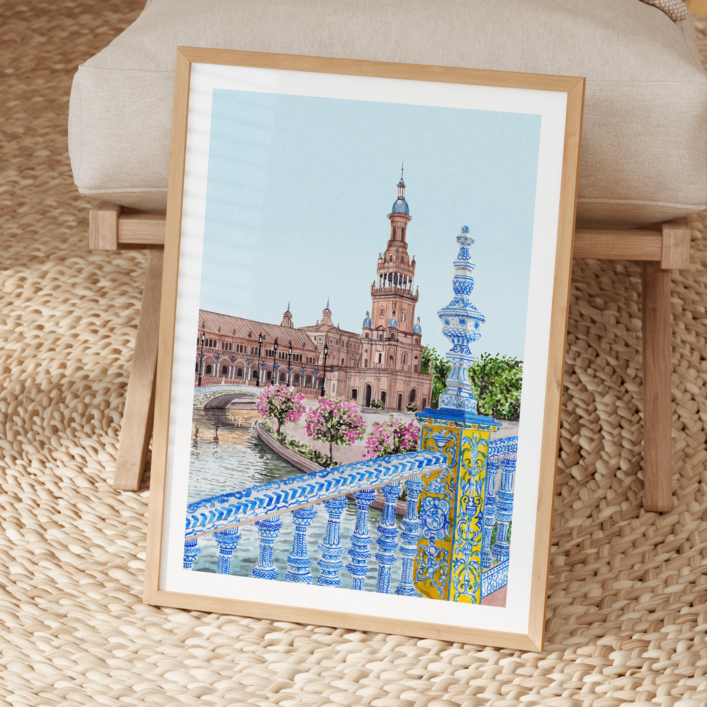 セビリアの水彩画、スペインの壁画、セビリアの街並みの絵画、スペイン