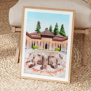Alhambra Palace Watercolor Print, Spain Wall Art, Granada Cityscape Painting, Moorish Decor image 4