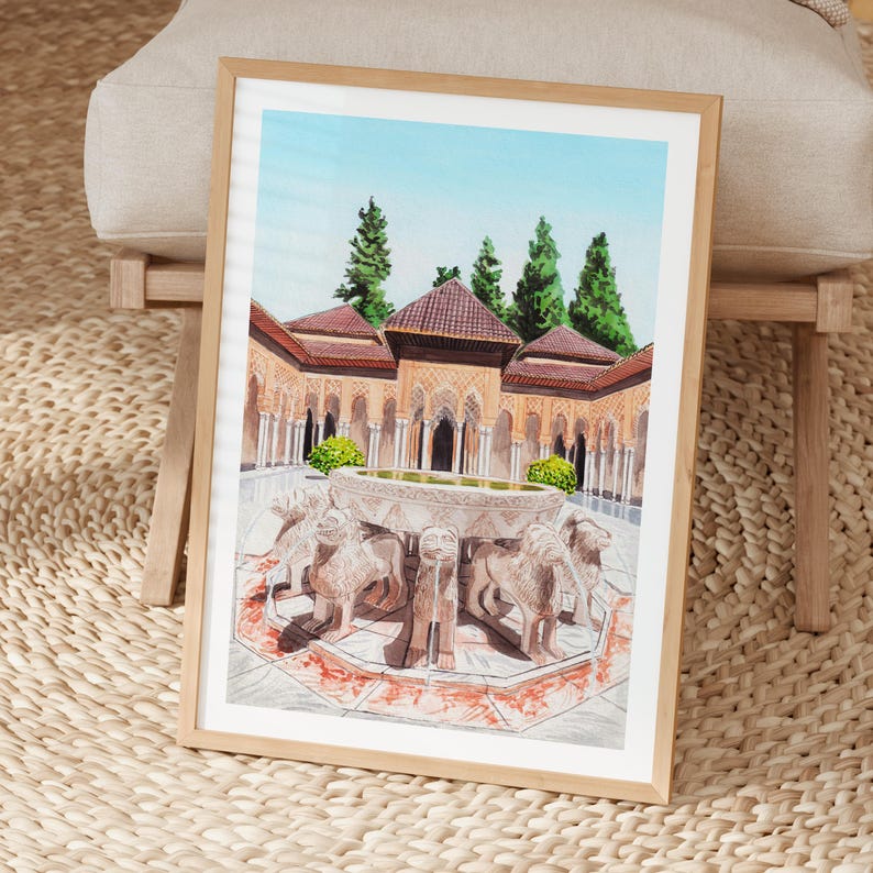 Alhambra Palace Watercolor Print, Spain Wall Art, Granada Cityscape Painting, Moorish Decor image 4