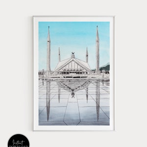 Faisal Mosque Print, Pakistan Wall Art, Islamabad Print, Pakistan Art Print, Islamabad Painting, Travel Gift, Asia print, Pakistan Art