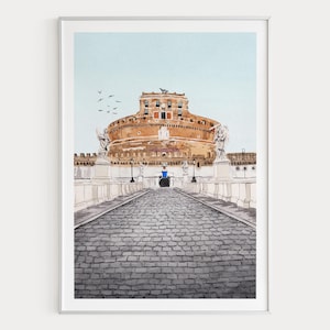 Impresión del Castillo de Sant'Angelo, arte mural de Roma, decoración de monumentos italianos, paisaje urbano de Roma en acuarela, regalo de viaje