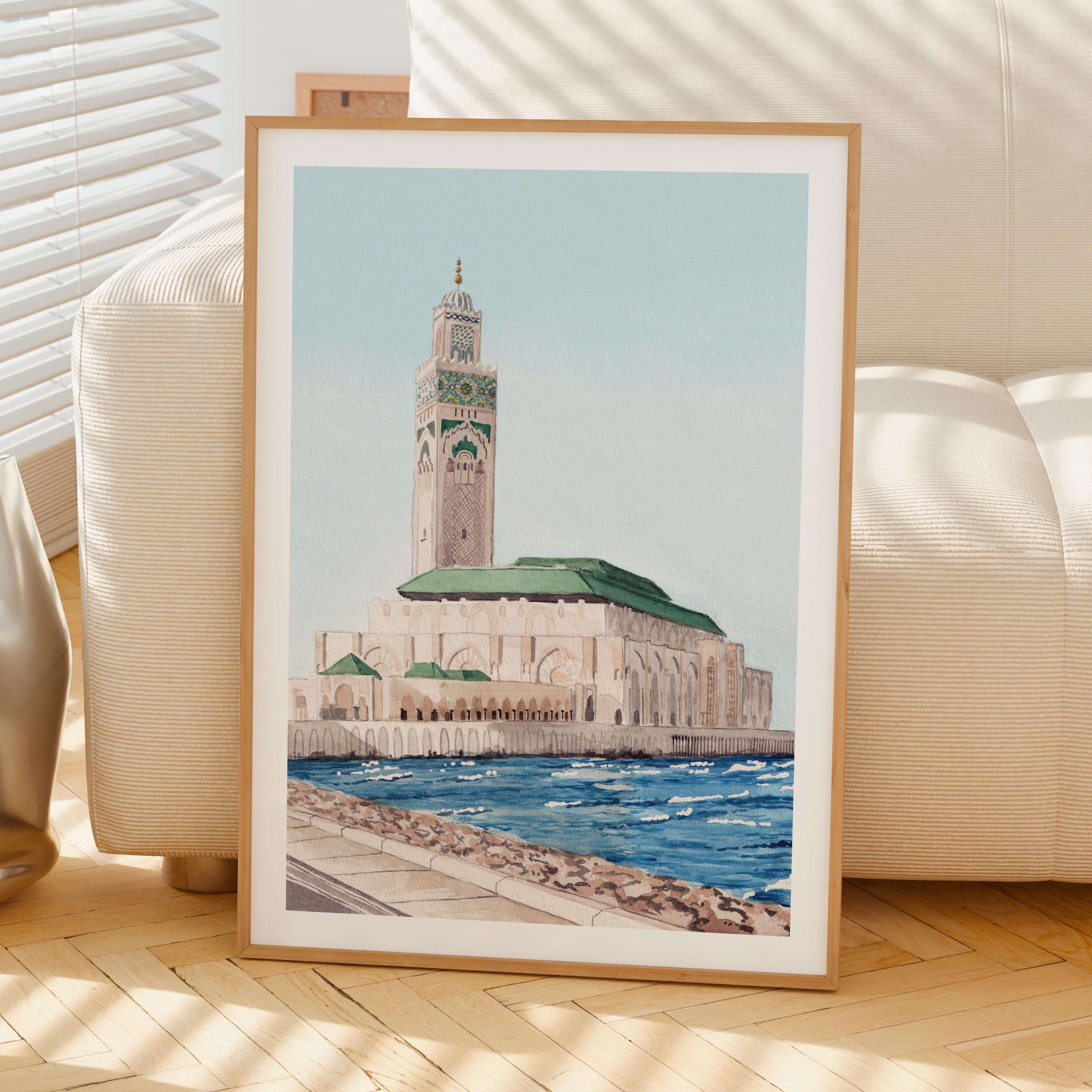 Casablanca Watercolor Print, Morocco Wall Art, Hassan 2 Mosque