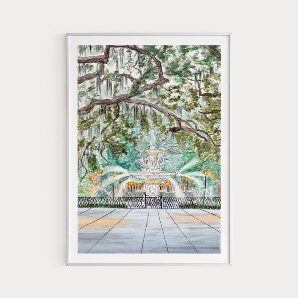 Savannah Print, Forsyth Park Fountain, Georgia Wall Art, Savannah Watercolor Art, Savannah Cityscape, Georgia Print, Travel Gift, USA Print