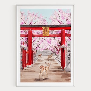 Impresión de acuarela de Nara, Japón, arte mural de primavera, pintura del paisaje urbano de Nara, paisaje de sakura, decoración japonesa imagen 1