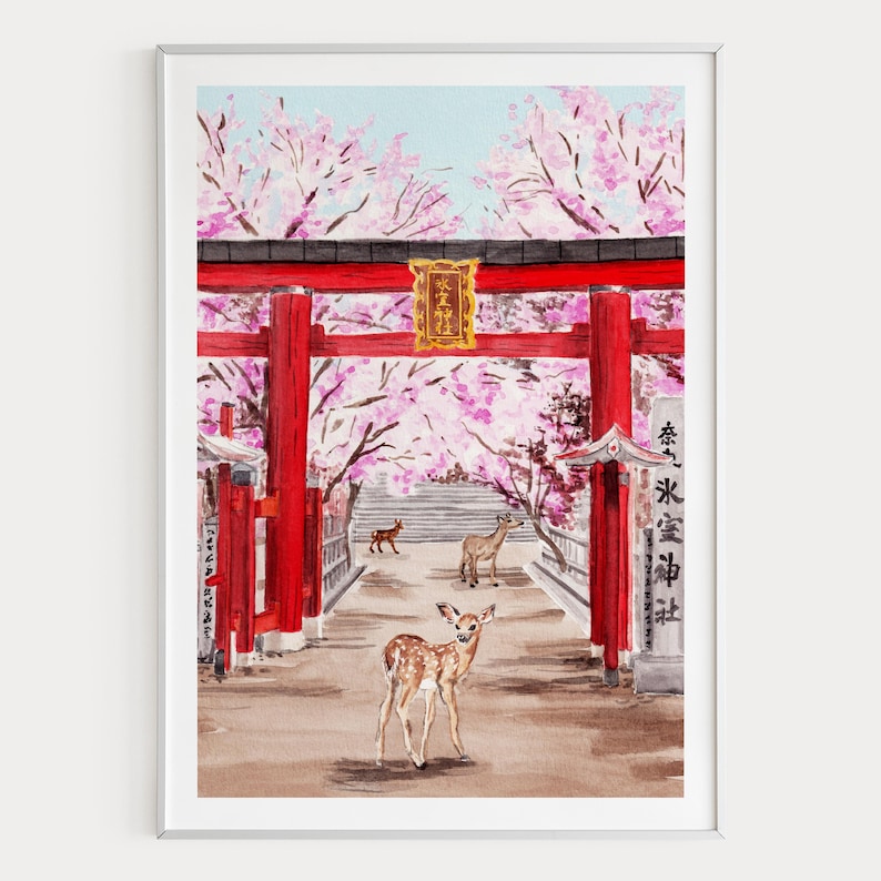 Impresión de acuarela de Nara, Japón, arte mural de primavera, pintura del paisaje urbano de Nara, paisaje de sakura, decoración japonesa imagen 1