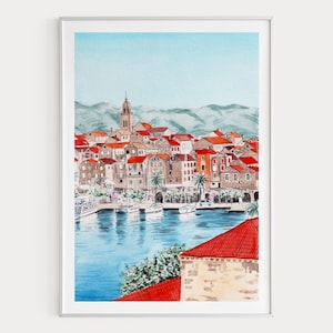 Korcula Print, Croatia Wall Art, Korcula Cityscape Painting, Mediterranean Decor, Travel Gift
